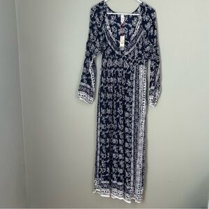 NWT RAGA small navy blue floral paisley‎ maxi dress long sleeve women’s